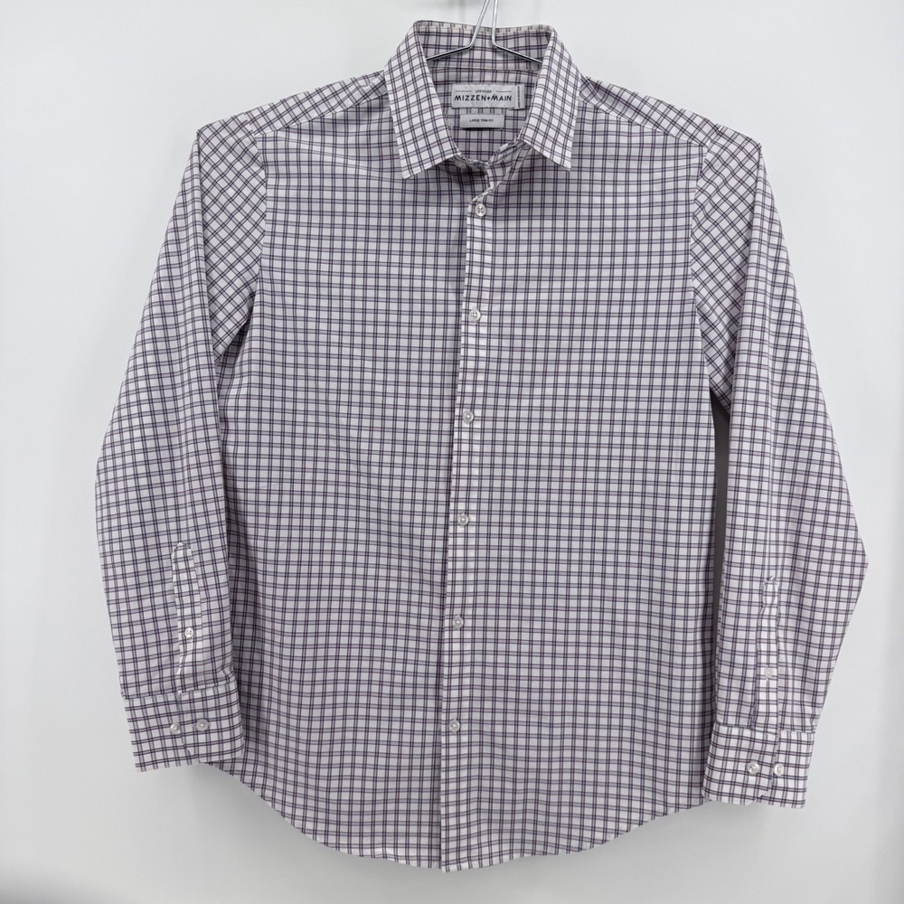 Mizzen+Main Button Down Mens L Trim Fit Leeward Stretch Poly White Plaid